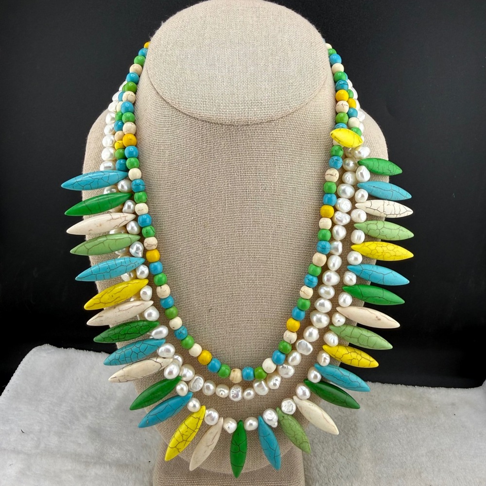 Multicolor‎ Polished Stone Necklace Spike 3-Strand Match Stick 18in